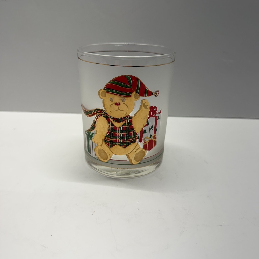 Vtg Culver Christmas Yule Bear Double Old Fashioned Glass 14oz Frosted 22k Gold
